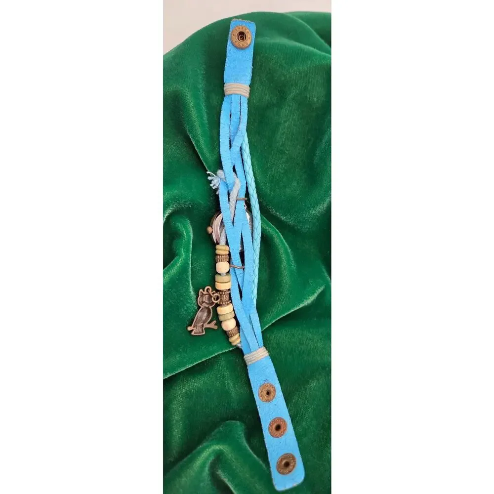 Vintage E-LY Boho Leather Wrap Watch Owl Charm Blue Beaded Bracelet WORKING